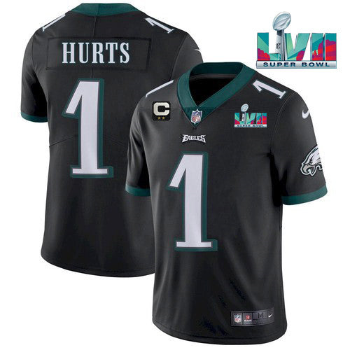 Mens Philadelphia Eagles #1 Jalen Hurts Black Super Bowl LVII Patch And 2-star C Patch Vapor Untouchable Limited Stitched Jersey