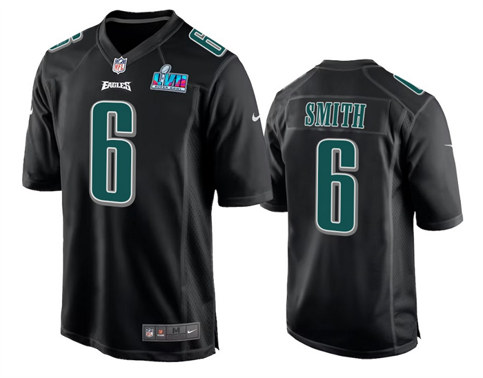Mens Philadelphia Eagles #6 DeVonta Smith Black Super Bowl LVII Patch Stitched Game Jersey