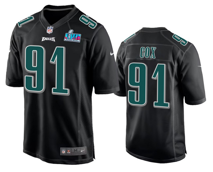 Mens Philadelphia Eagles #91 Fletcher Cox Black Super Bowl LVII Patch Stitched Game Jersey