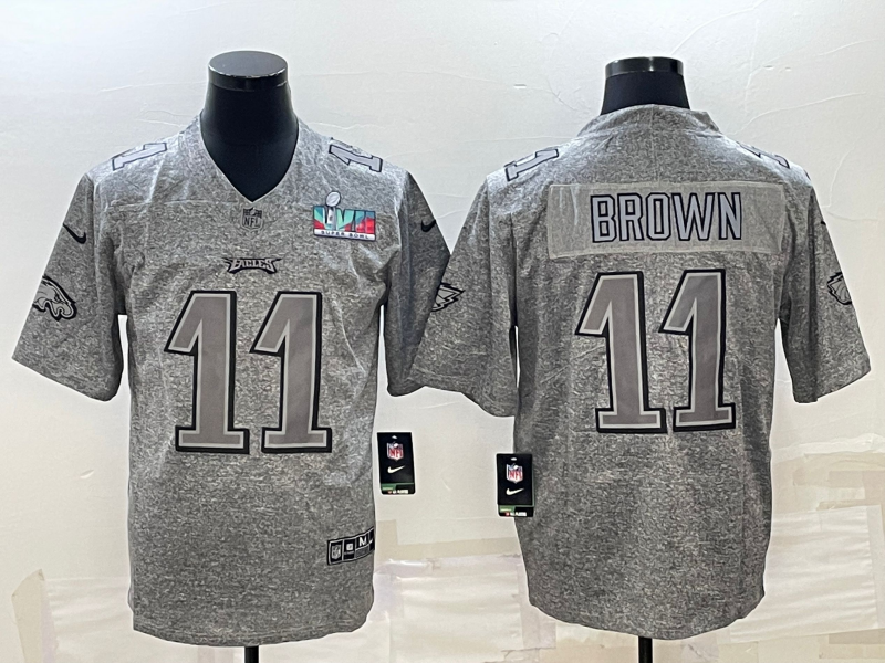 Mens Philadelphia Eagles #11 A J Brown Grey Super Bowl LVII Patch Stitched Jersey