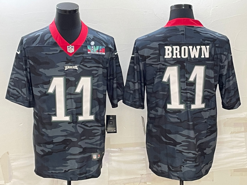 Mens Philadelphia Eagles #11 A J Brown Camo Super Bowl LVII Patch Limited Stitched Jersey