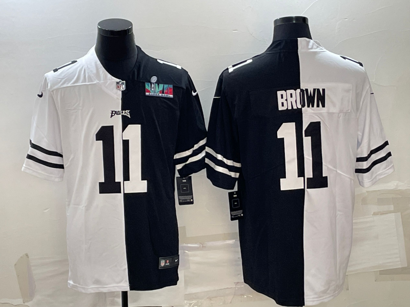 Mens Philadelphia Eagles #11 AJ Brown Black White Split Super Bowl LVII Patch Limited Stitched Jersey