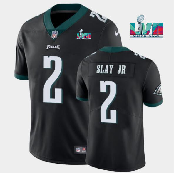 Mens Philadelphia Eagles #2 Darius Slay JR Black Super Bowl LVII Patch Vapor Untouchable Limited Stitched Jersey