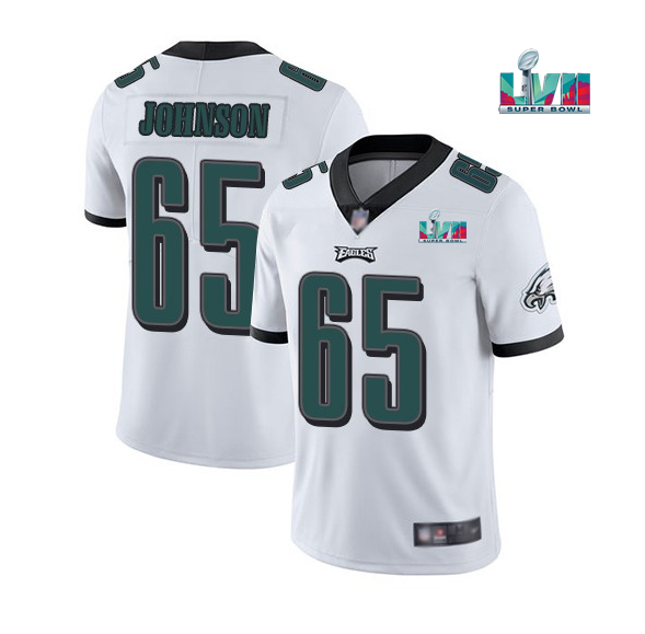 Mens Philadelphia Eagles #65 Lane Johnson White Super Bowl LVII Patch Vapor Untouchable Limited Stitched Jersey