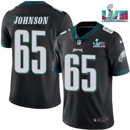 Mens Philadelphia Eagles #65 Lane Johnson Black Super Bowl LVII Patch Vapor Untouchable Limited Stitched Jersey