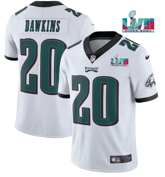 Mens Philadelphia Eagles #20 Brian Dawkins White Super Bowl LVII Patch Vapor Untouchable Limited Stitched Jersey