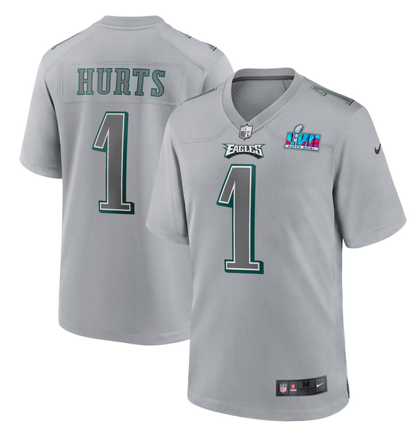 Mens Philadelphia Eagles #1 Jalen Hurts Grey Super Bowl LVII Patch Atmosphere Fashion Stitched Game Jersey