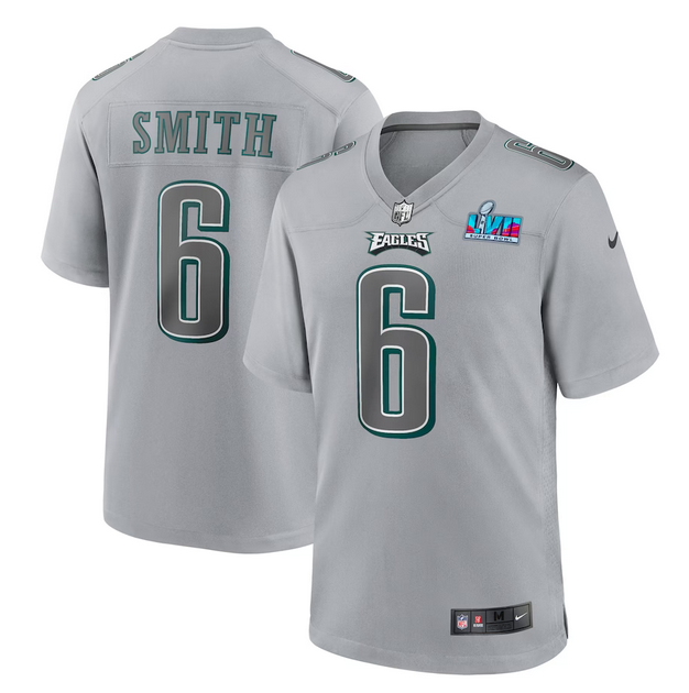 Mens Philadelphia Eagles #6 DeVonta Smith Grey Super Bowl LVII Patch Atmosphere Fashion Stitched Game Jersey