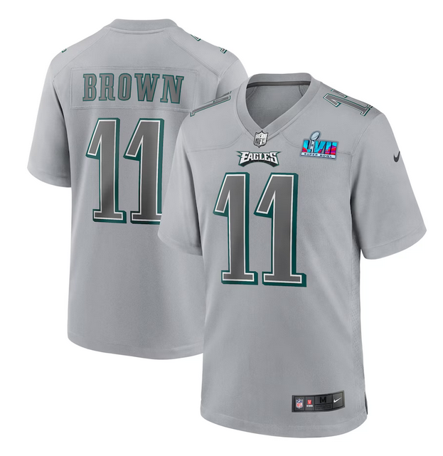 Mens Philadelphia Eagles #11 AJ Brown Grey Super Bowl LVII Patch Atmosphere Fashion Stitched Game Jersey