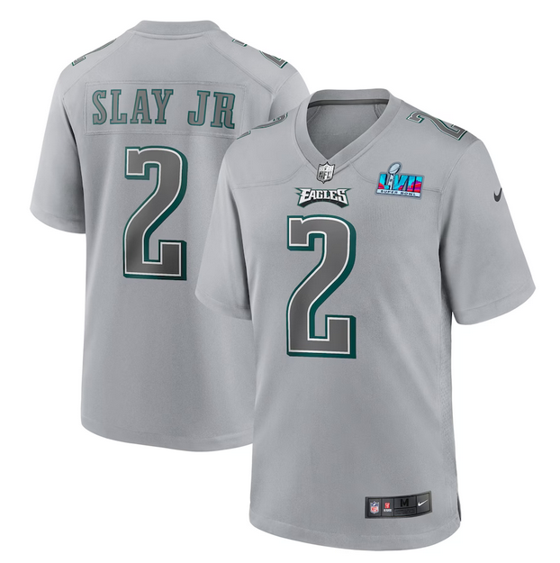 Mens Philadelphia Eagles #2 Darius Slay Jr Grey Super Bowl LVII Patch Atmosphere Fashion Stitched Game Jersey