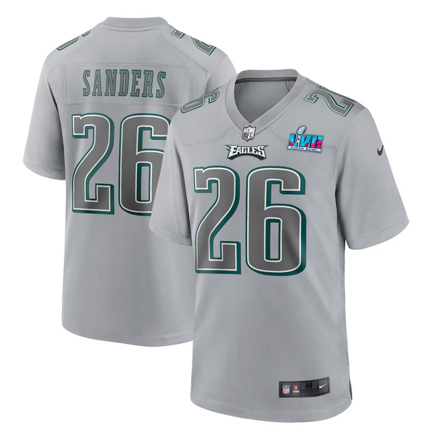 Mens Philadelphia Eagles #26 Miles Sanders Grey Super Bowl LVII Patch Atmosphere Fashion Stitched Game Jersey