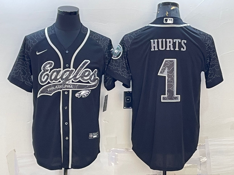 Mens Philadelphia Eagles #1 Jalen Hurts Black Reflective With Patch Cool Base Stitched Baseball Jersey