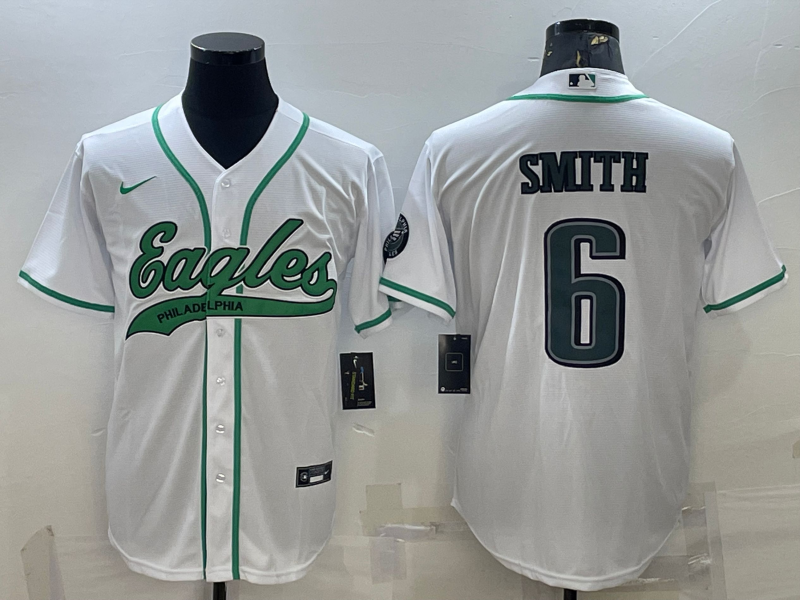 Mens Philadelphia Eagles #6 DeVonta Smith White With Patch Cool Base Stitched Baseball Jersey