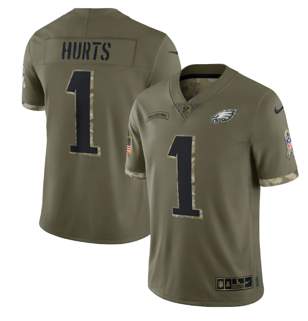 Mens Philadelphia Eagles #1 Jalen Hurts Olive 2022 Salute To Service Limited Stitched Jersey