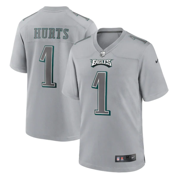 Mens Philadelphia Eagles #1 Jalen Hurts Grey Atmosphere Fashion Stitched Game Jersey