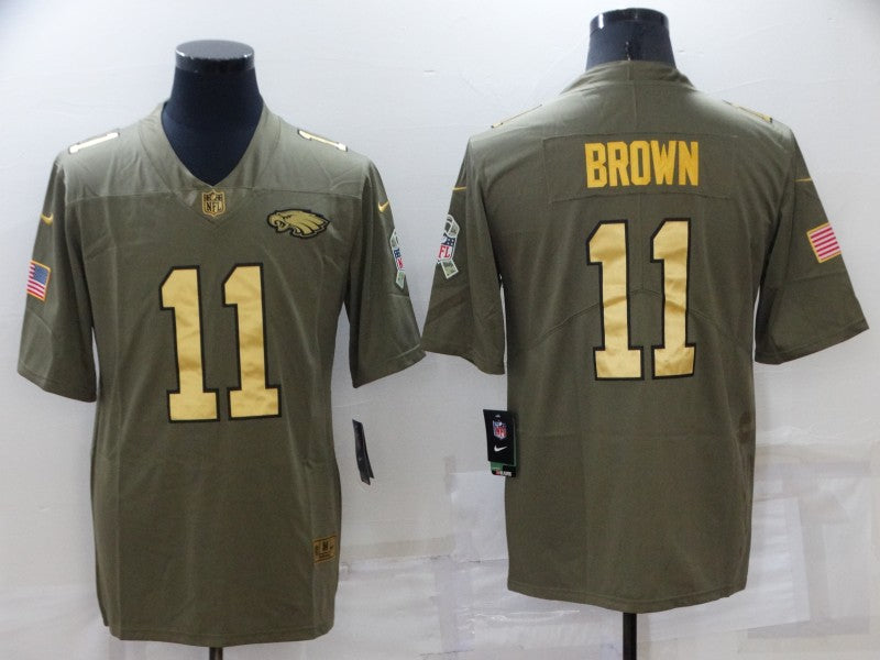 Mens Philadelphia Eagles #11 A J Brown Olive/Gold Salute To Service Limited Stitched Jersey