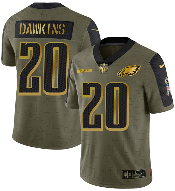 Mens Philadelphia Eagles #20 Brian Dawkins 2021 Olive Salute To Service Golden Limited Stitched Jersey
