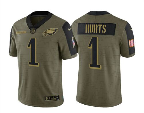 Mens Philadelphia Eagles #1 Jalen Hurts 2021 Olive Salute To Service Limited Stitched Jersey
