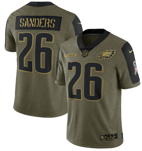 Mens Philadelphia Eagles #26 Miles Sanders 2021 Olive Salute To Service Limited Stitched Jersey