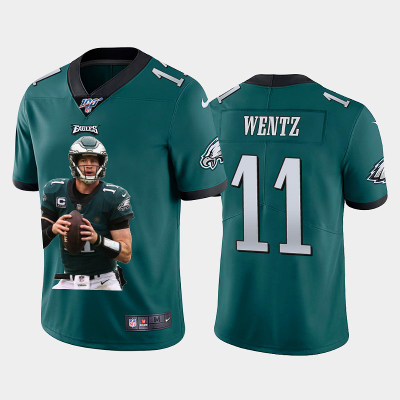 Mens Philadelphia Eagles #11 Carson Wentz Green 100th Season Portrait Edition Limited Stitched Jersey