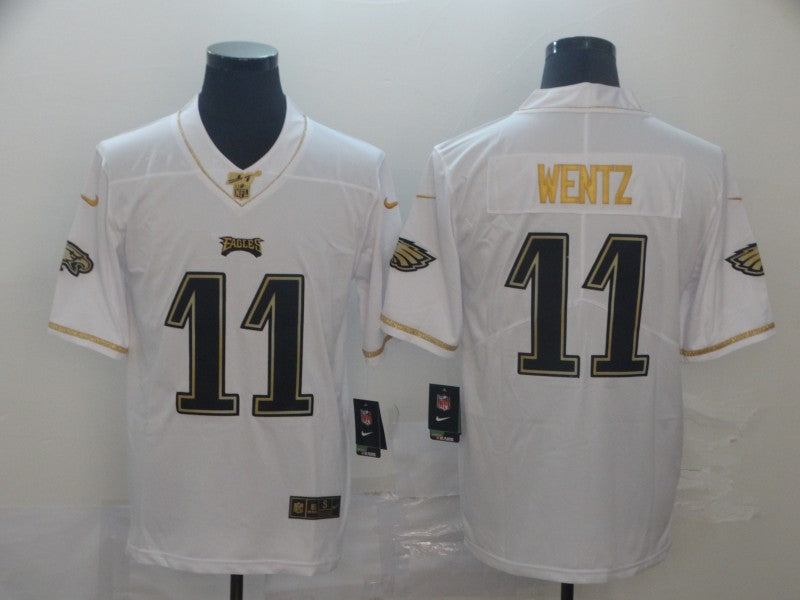 Mens Philadelphia Eagles #11 Carson Wentz White 2019 100th Season Golden Edition Limited Stitched NFL Jersey