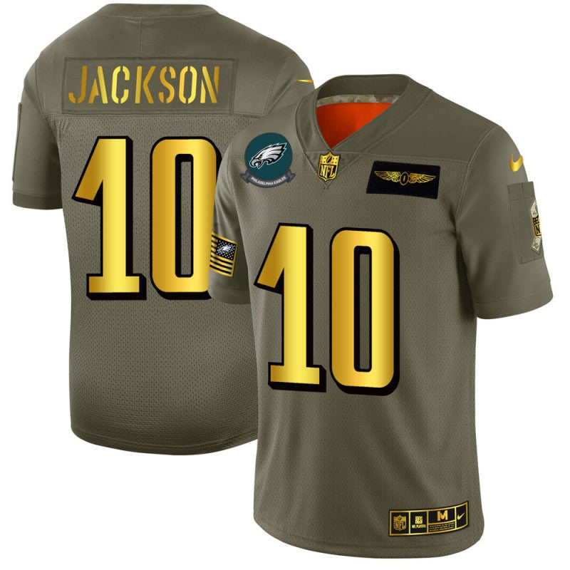 Mens Philadelphia Eagles #10 DeSean Jackson 2019 Olive/Gold Salute To Service Limited Stitched NFL Jersey