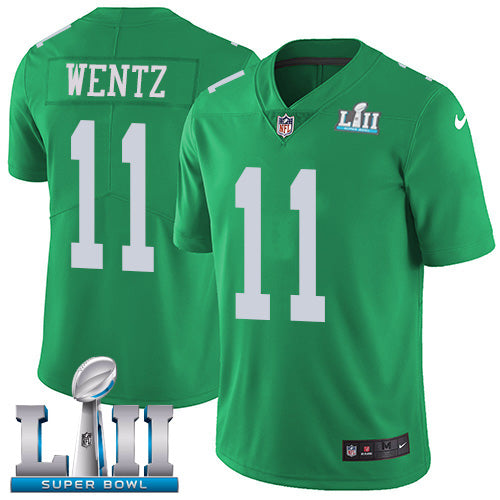 Mens Philadelphia Eagles #11 Carson Wentz Green Super Bowl LII Bound Patch Game Event Stitched NFL Jersey