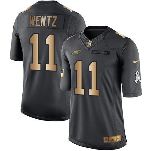 Nike Eagles #11 Carson Wentz Black Mens Stitched NFL Limited Gold Salute To Service Jersey