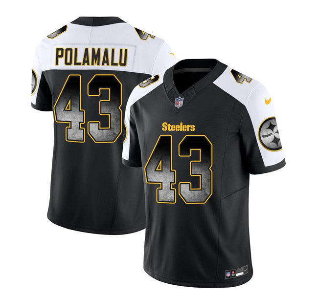 Mens Pittsburgh Steelers #43 Troy Polamalu Black/White 2023 FUSE Smoke Vapor Untouchable Limited Stitched Jersey
