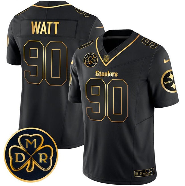 Mens Pittsburgh Steelers #90 TJ Watt Black Gold FUSE DMR Patch Vapor Limited Stitched Football Jersey