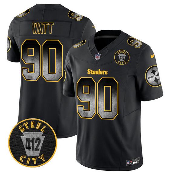 Mens Pittsburgh Steelers #90 TJ Watt Black FUSE Arch Smoke 412 Patch Vapor Limited Stitched Football Jersey