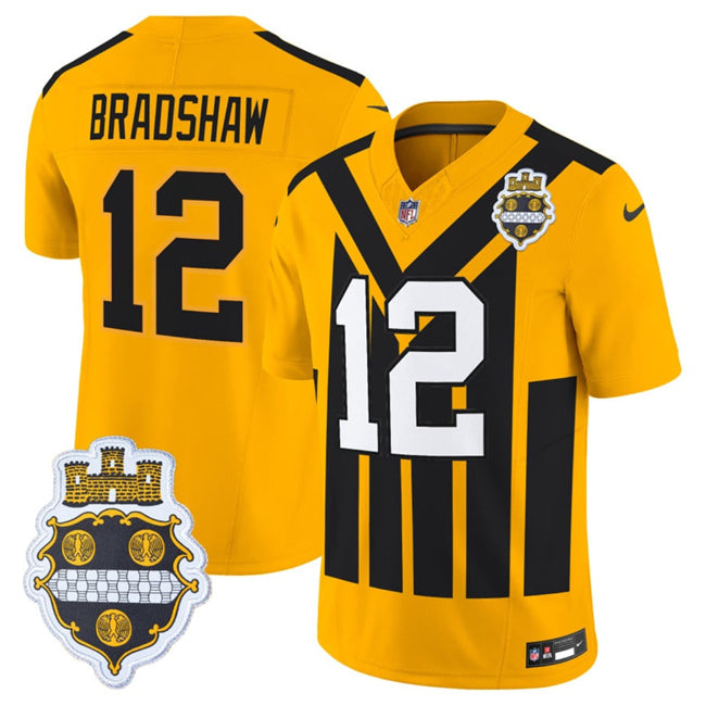 Mens Pittsburgh Steelers #12 Terry Bradshaw Gold 1933 FUSE Throwback Alternate Football Stitched Football Jersey
