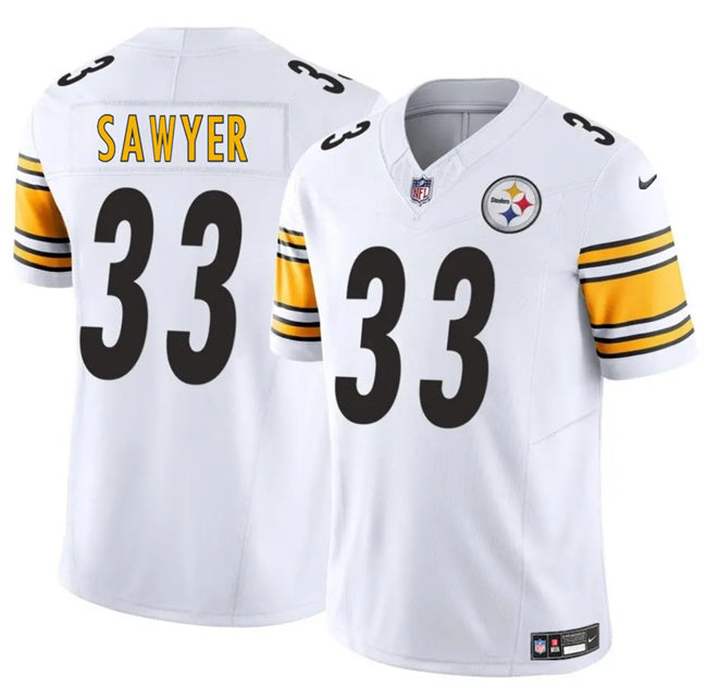 Mens Pittsburgh Steelers #33 Jack Sawyer White 2025 Draft FUSE Vapor Limited Stitched Football Jersey