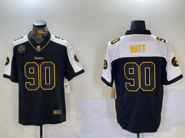 Mens Pittsburgh Steelers #90 TJ Watt Black/White 2024 FUSE DMR Patch Vapor Untouchable Limited Stitched Jersey