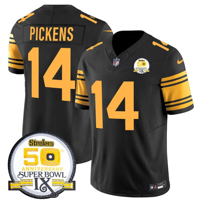 Mens Pittsburgh Steelers #14 George Pickens Black 2024 FUSE 50th Anniversary Of Super Bowl IX Color Rush Limited Stitched Jersey