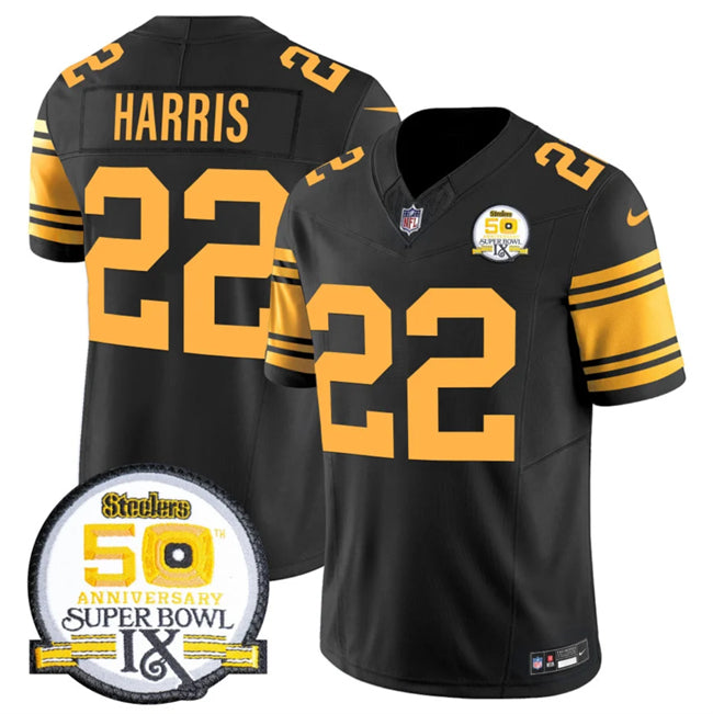 Mens Pittsburgh Steelers #22 Najee Harris Black 2024 FUSE 50th Anniversary Of Super Bowl IX Color Rush Limited Stitched Jersey