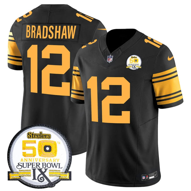 Mens Pittsburgh Steelers #12 Terry Bradshaw Black 2024 FUSE 50th Anniversary Of Super Bowl IX Color Rush Limited Stitched Jersey
