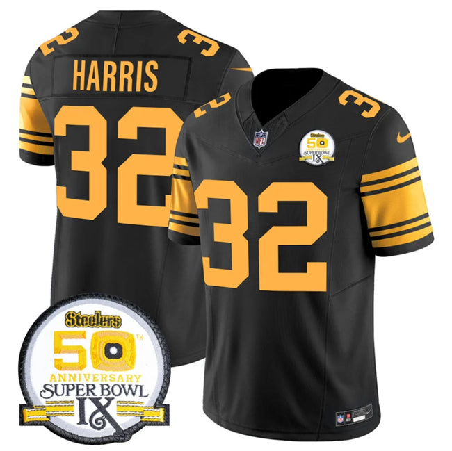 Mens Pittsburgh Steelers #32 Franco Harris Black 2024 FUSE 50th Anniversary Of Super Bowl IX Color Rush Limited Stitched Jersey