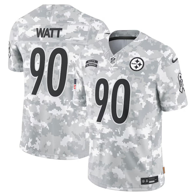 Mens Pittsburgh Steelers #90 T J Watt 2024 FUSE Arctic Camo Salute to Service Limited Stitched Football Jersey