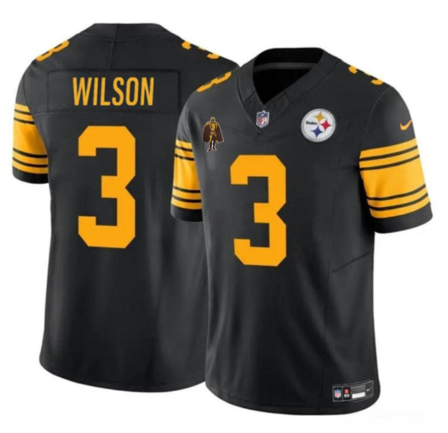 Mens Pittsburgh Steelers #3 Russell Wilson Black 2024 FUSE With Walter Payton Patch Color Rush Limited Stitched Jersey