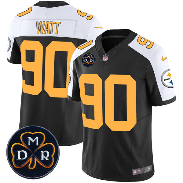 Mens Pittsburgh Steelers #90 T J Watt Black FUSE DMR Patch Untouchable Limited Stitched Football Jersey