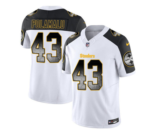 Mens Pittsburgh Steelers #43 Troy Polamalu White/Black 2023 FUSE Smoke Vapor Untouchable Limited Stitched Jersey