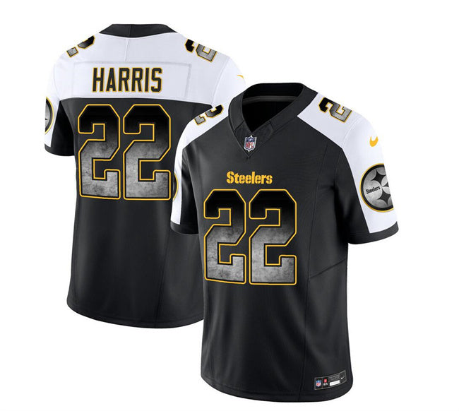 Mens Pittsburgh Steelers #22 Najee Harris Black/White 2023 FUSE Smoke Vapor Untouchable Limited Stitched Jersey