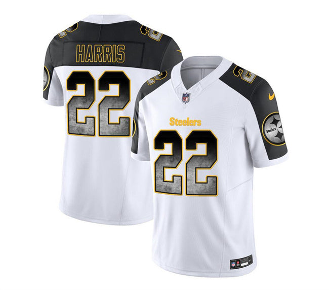 Mens Pittsburgh Steelers #22 Najee Harris White/Black 2023 FUSE SmokeVapor Untouchable Limited Stitched Jersey