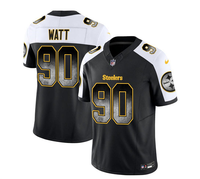 Mens Pittsburgh Steelers #90 TJ Watt Black/White 2023 FUSE Smoke Vapor Untouchable Limited Stitched Jersey