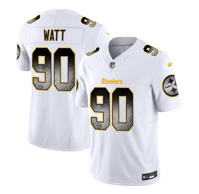 Mens Pittsburgh Steelers #90 TJ Watt White 2023 FUSE Smoke Vapor Untouchable Limited Stitched Jersey