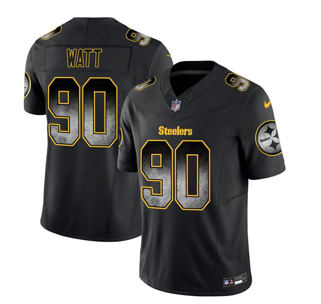 Mens Pittsburgh Steelers #90 TJ Watt Black 2023 FUSE Smoke Vapor Untouchable Limited Stitched Jersey