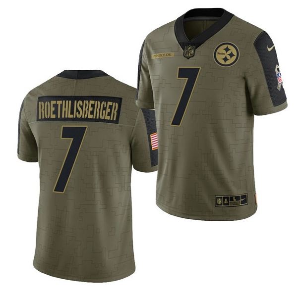 Mens Pittsburgh Steelers #7 Ben Roethlisberger 2021 Olive Salute To Service Limited Stitched Jersey