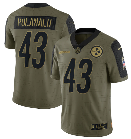 Mens Pittsburgh Steelers #43 Troy Polamalu 2021 Olive Salute To Service Limited Stitched Jersey