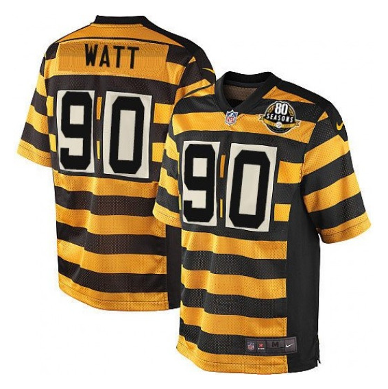 Mens Pittsburgh Steelers #90 T J Watt Yellow/Black Alternate 80TH Anniversary Throwback Stitched Jersey